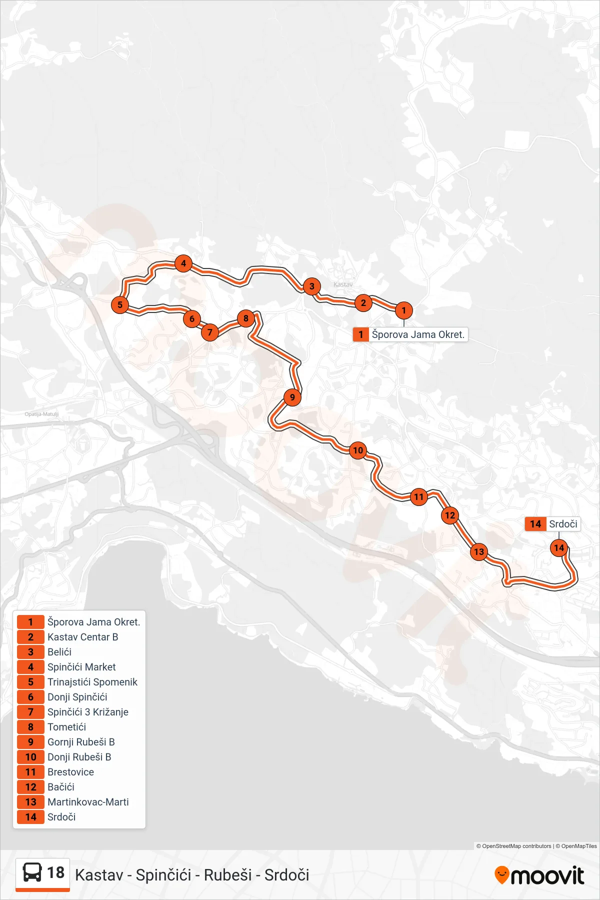 18 bus Line (Kastav - Spinčići - Rubeši - Srdoči) route and stops on a map
