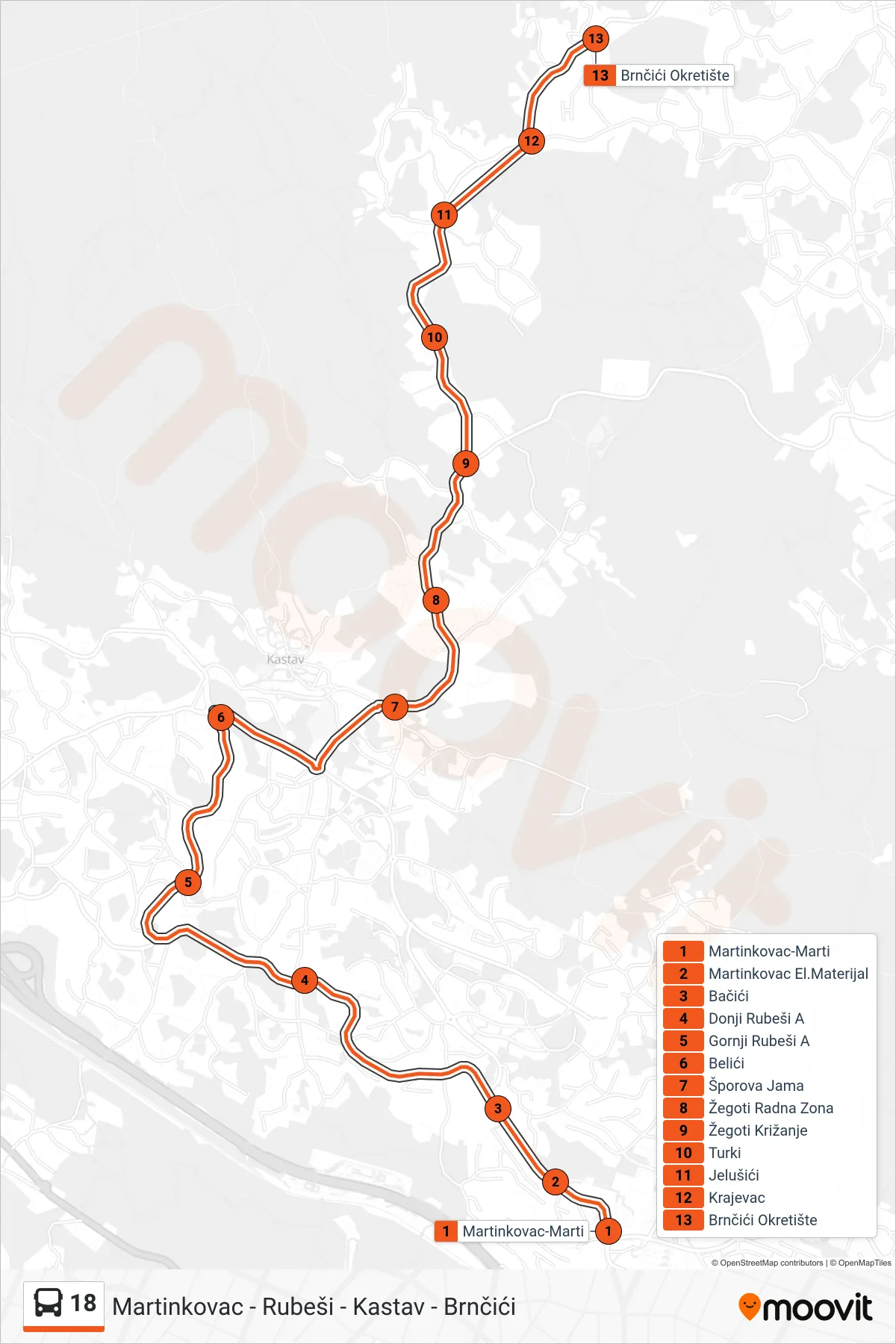 18 bus Line (Martinkovac - Rubeši - Kastav - Brnčići) route and stops on a map