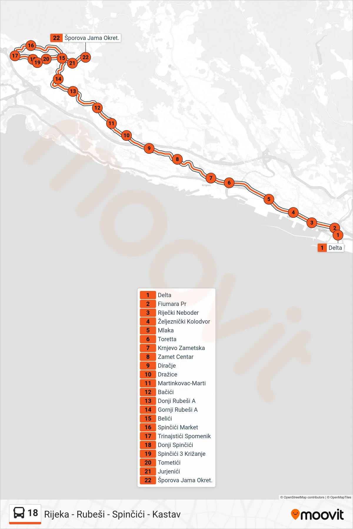 Linija 18 autobus, (Rijeka - Rubeši - Spinčići - Kastav) – ruta i stanice na karti