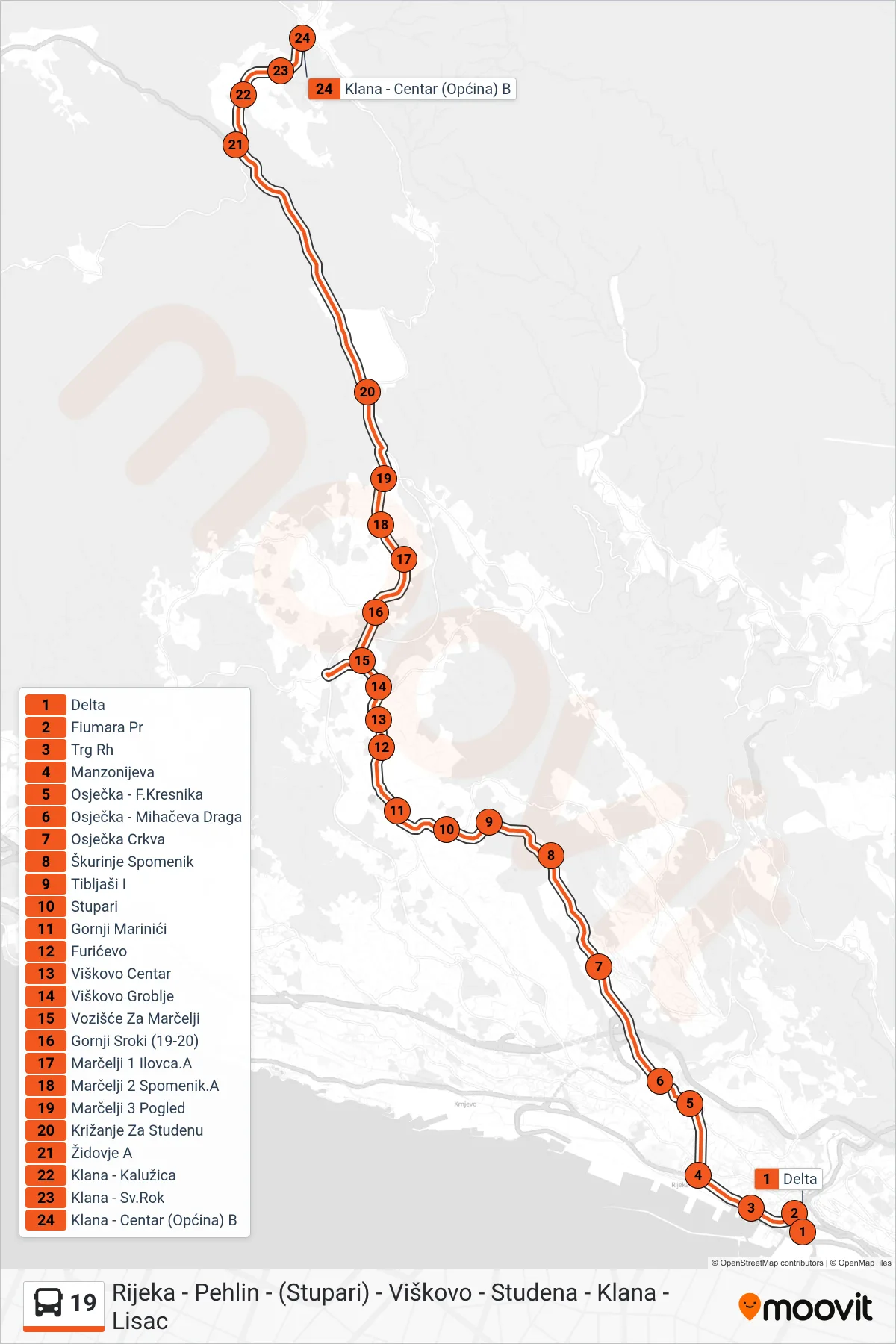 Linija 19 autobus, (Rijeka - Stupari - Klana) – ruta i stanice na karti