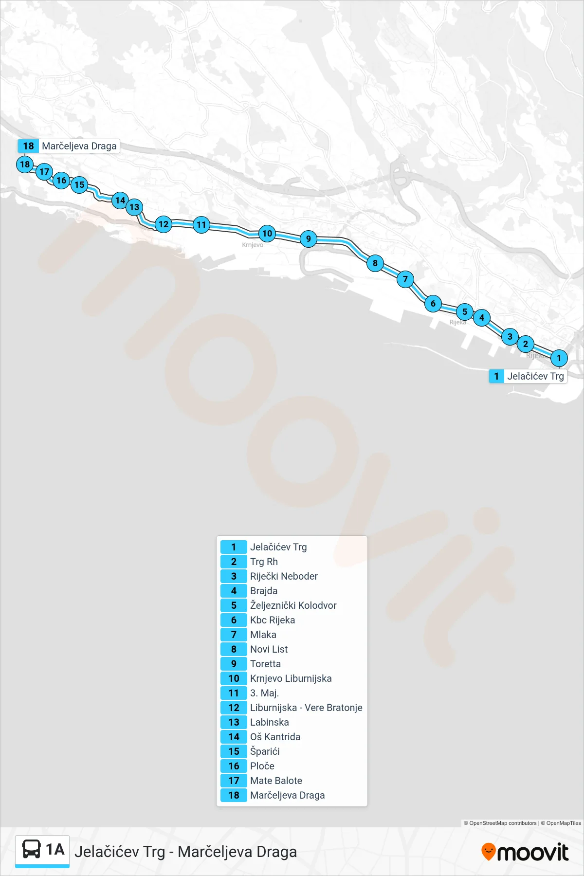 Linija 1A autobus, (Jelačićev Trg - Marčeljeva Draga) – ruta i stanice na karti