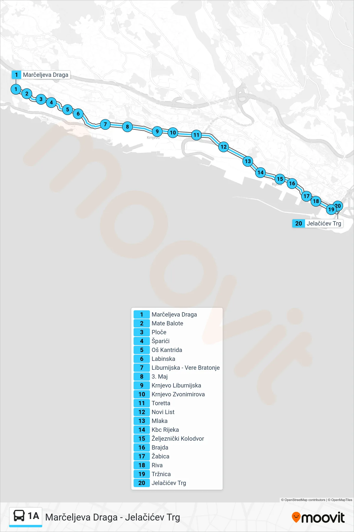 Linija 1A autobus, (Marčeljeva Draga - Jelačićev Trg) – ruta i stanice na karti