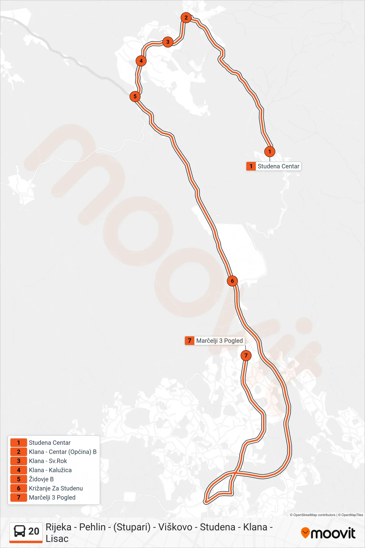 Linija 20 autobus, (Studena - Klana - Marčelji) – ruta i stanice na karti