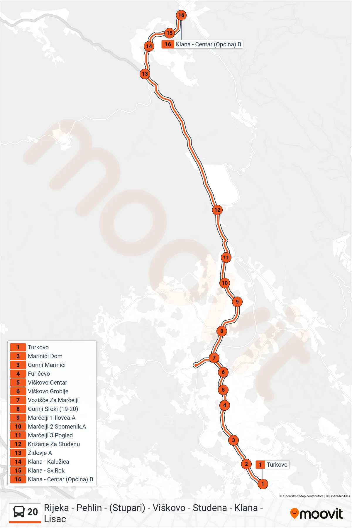 Linija 20 autobus, (Turkovo - Klana) – ruta i stanice na karti