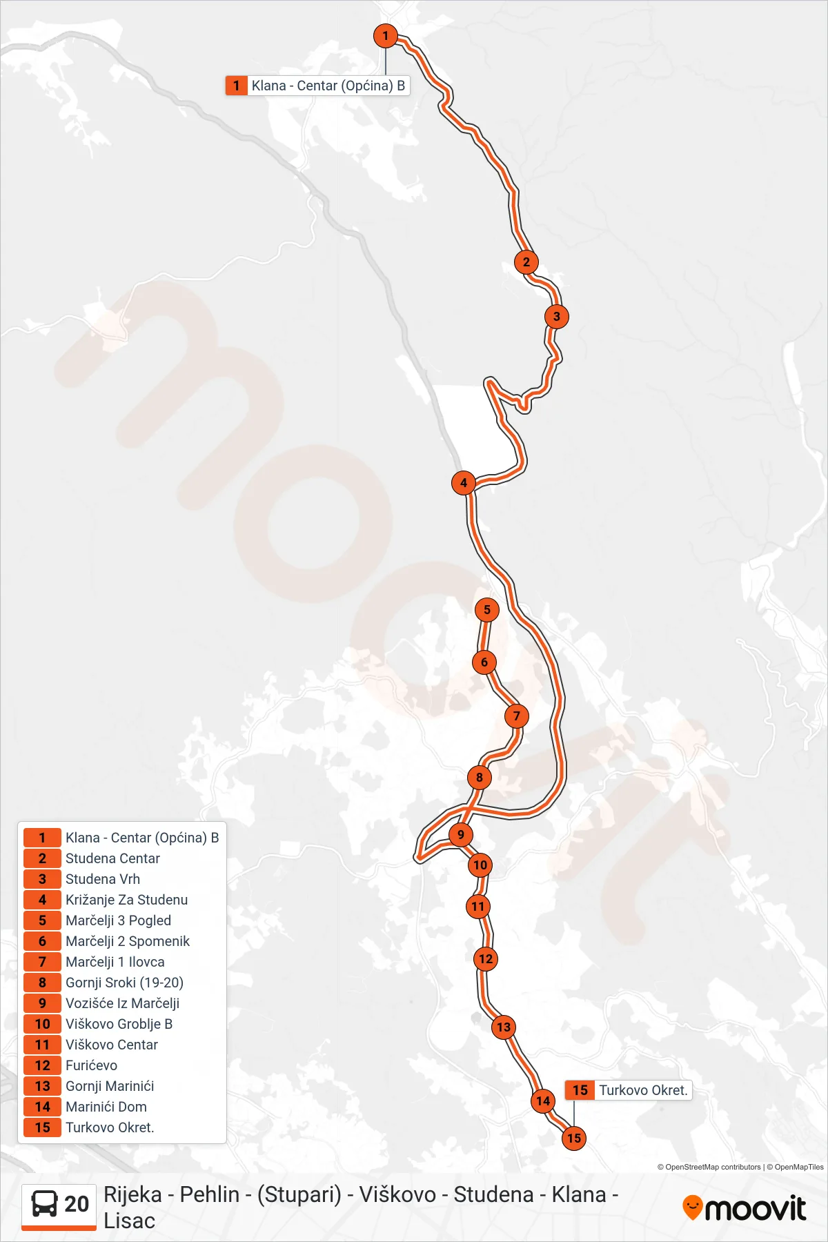 Linija 20 autobus, (Klana - Studena - Turkovo) – ruta i stanice na karti
