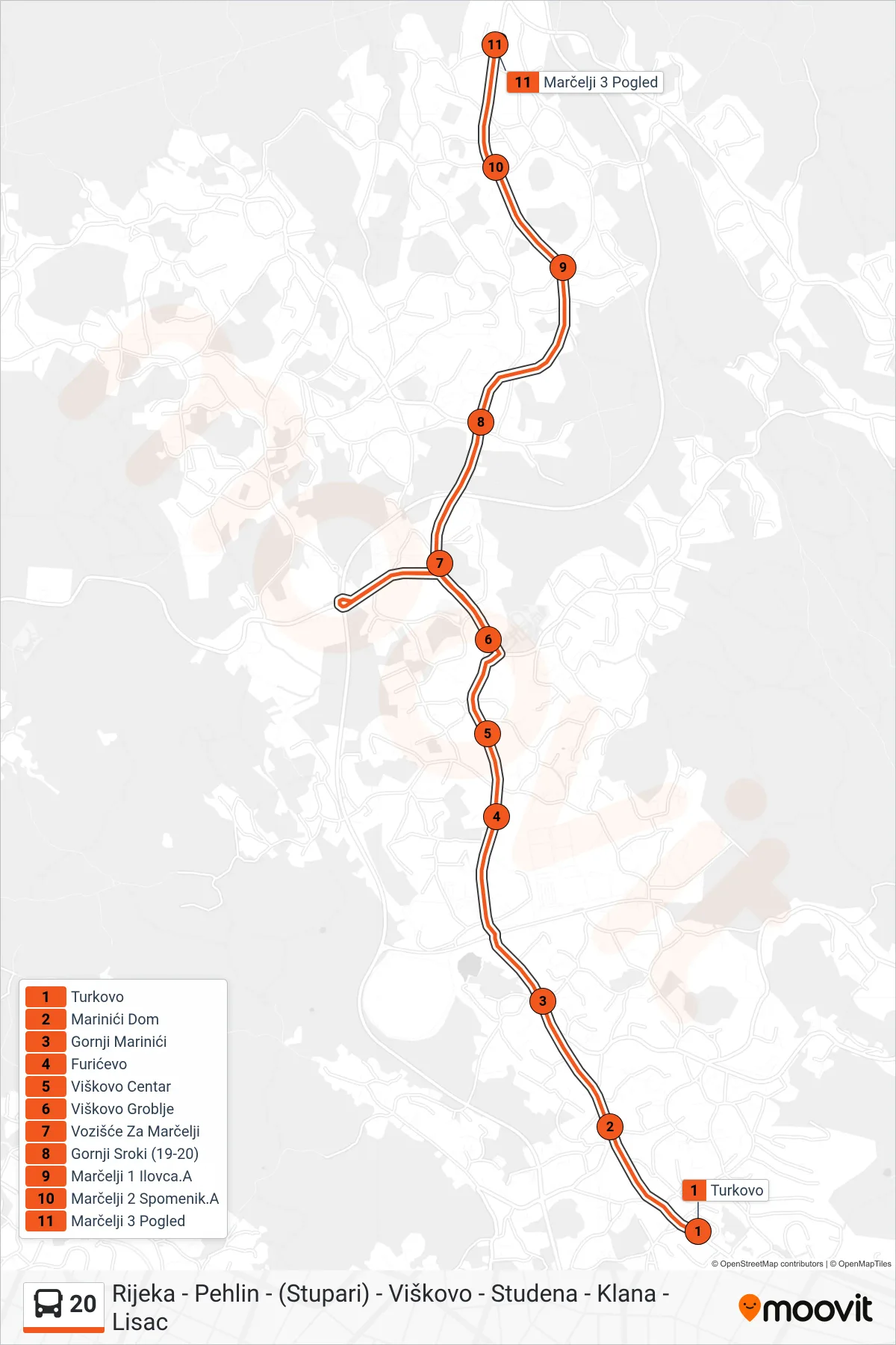Linija 20 autobus, (Turkovo - Marčelji) – ruta i stanice na karti
