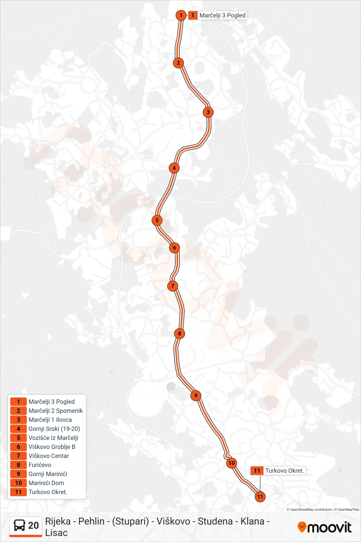 Linija 20 autobus, (Marčelji - Turkovo) – ruta i stanice na karti