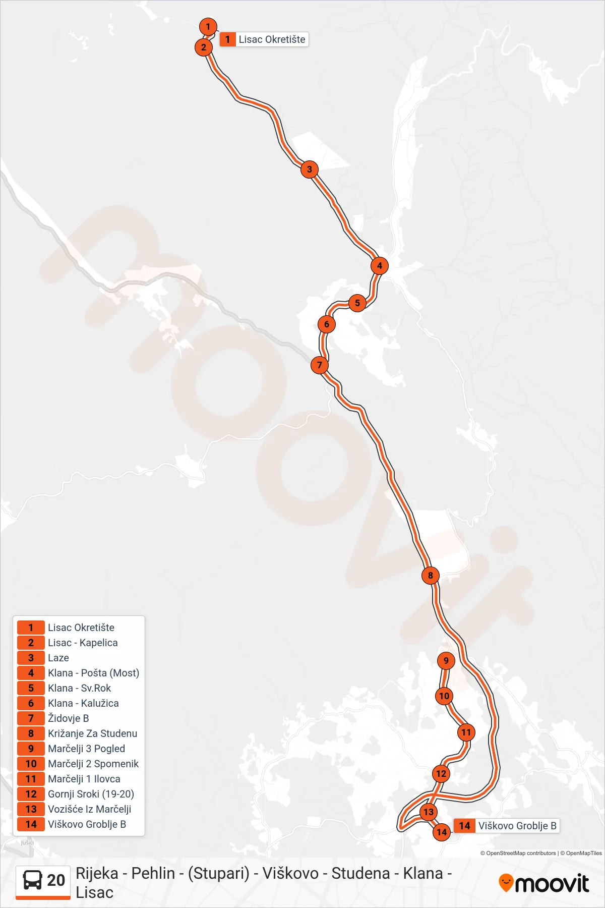 Linija 20 autobus, (Lisac - Klana - Turkovo) – ruta i stanice na karti