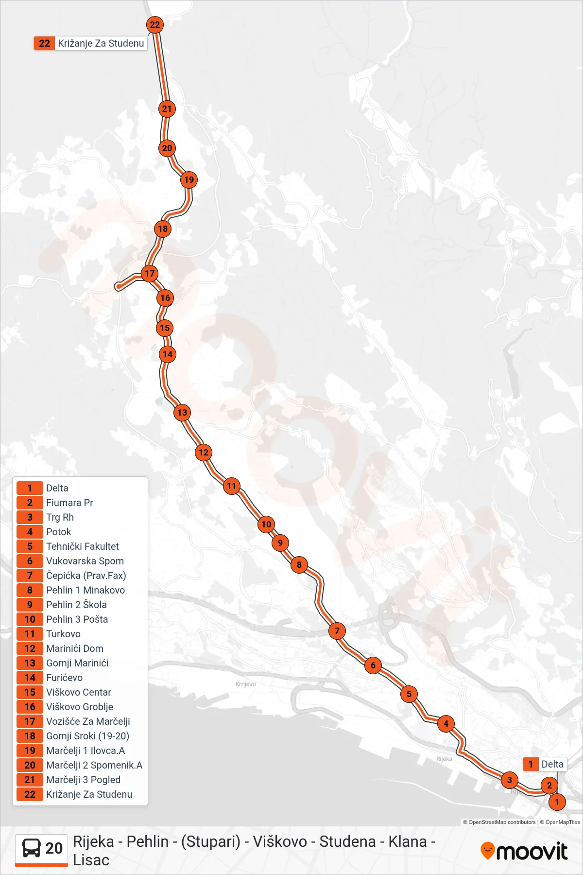 Linija 20 autobus, (Rijeka - Marčelji - Studena R.) – ruta i stanice na karti