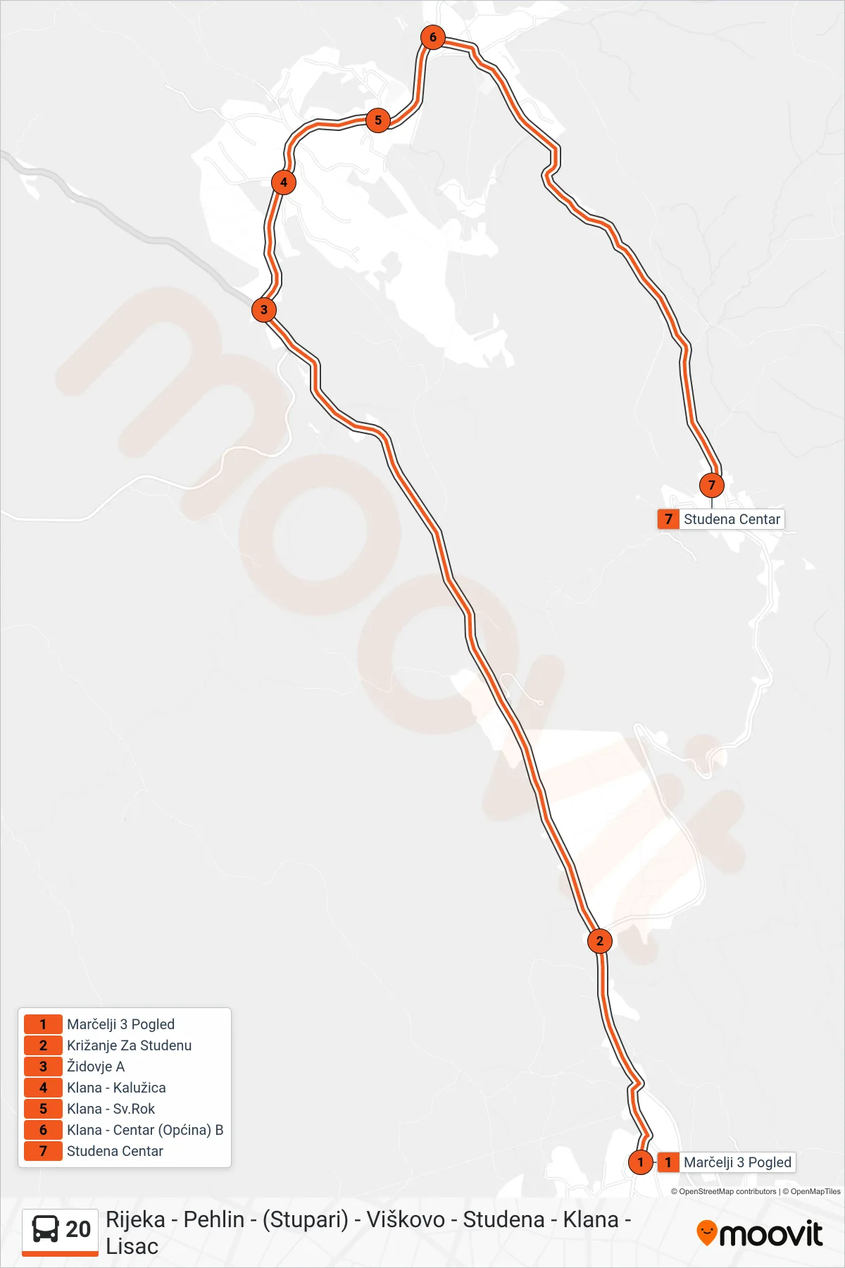 Linija 20 autobus, (Marčelji - Klana - Studena) – ruta i stanice na karti