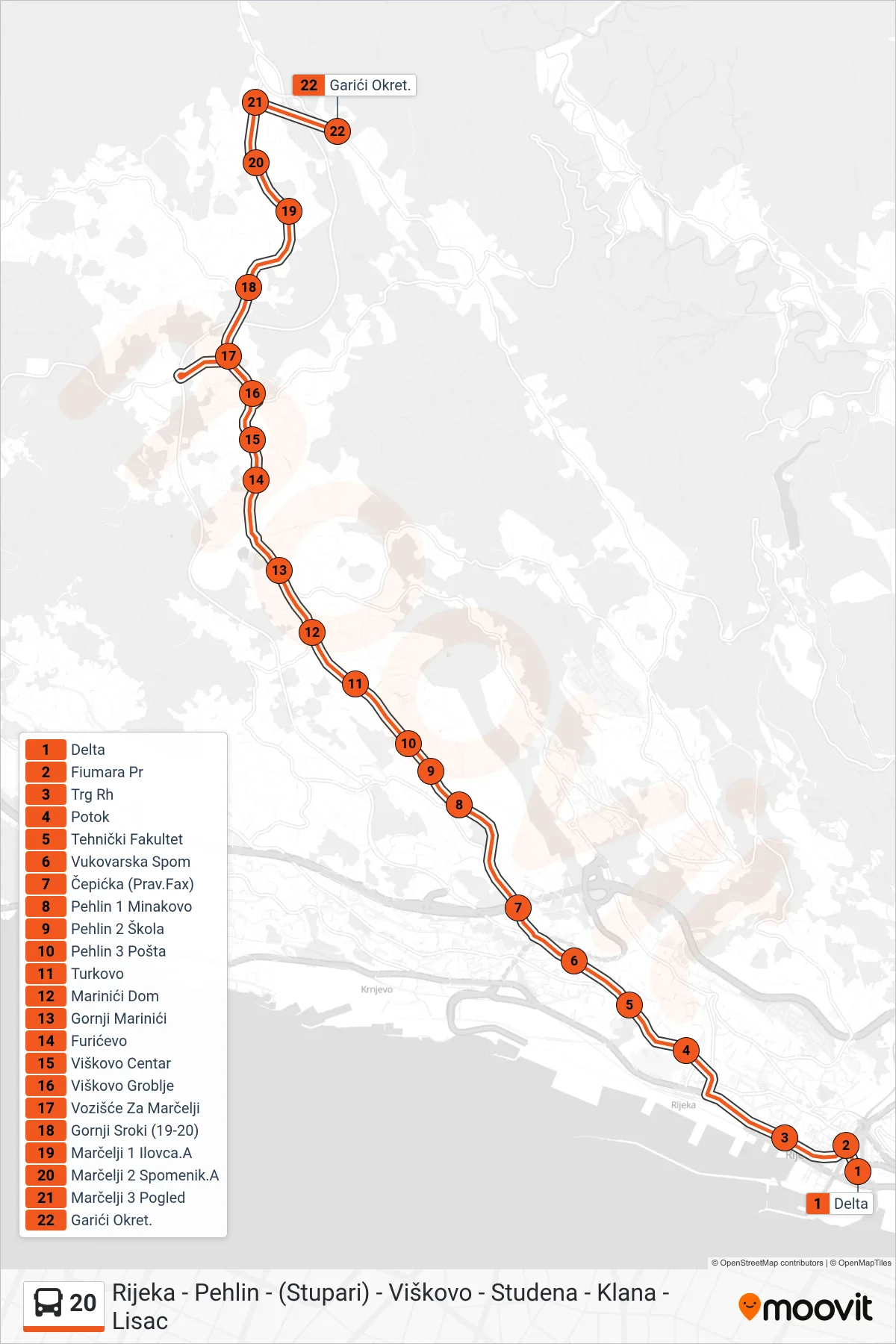 Linija 20 autobus, (Rijeka - Marčelji - Garići) – ruta i stanice na karti