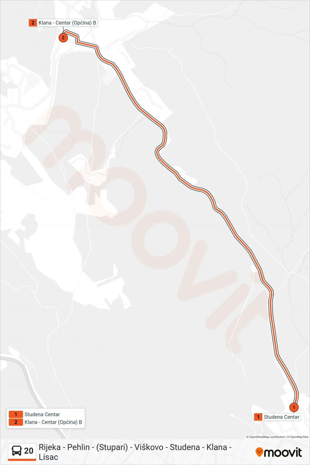 Linija 20 autobus, (Studena - Klana) – ruta i stanice na karti