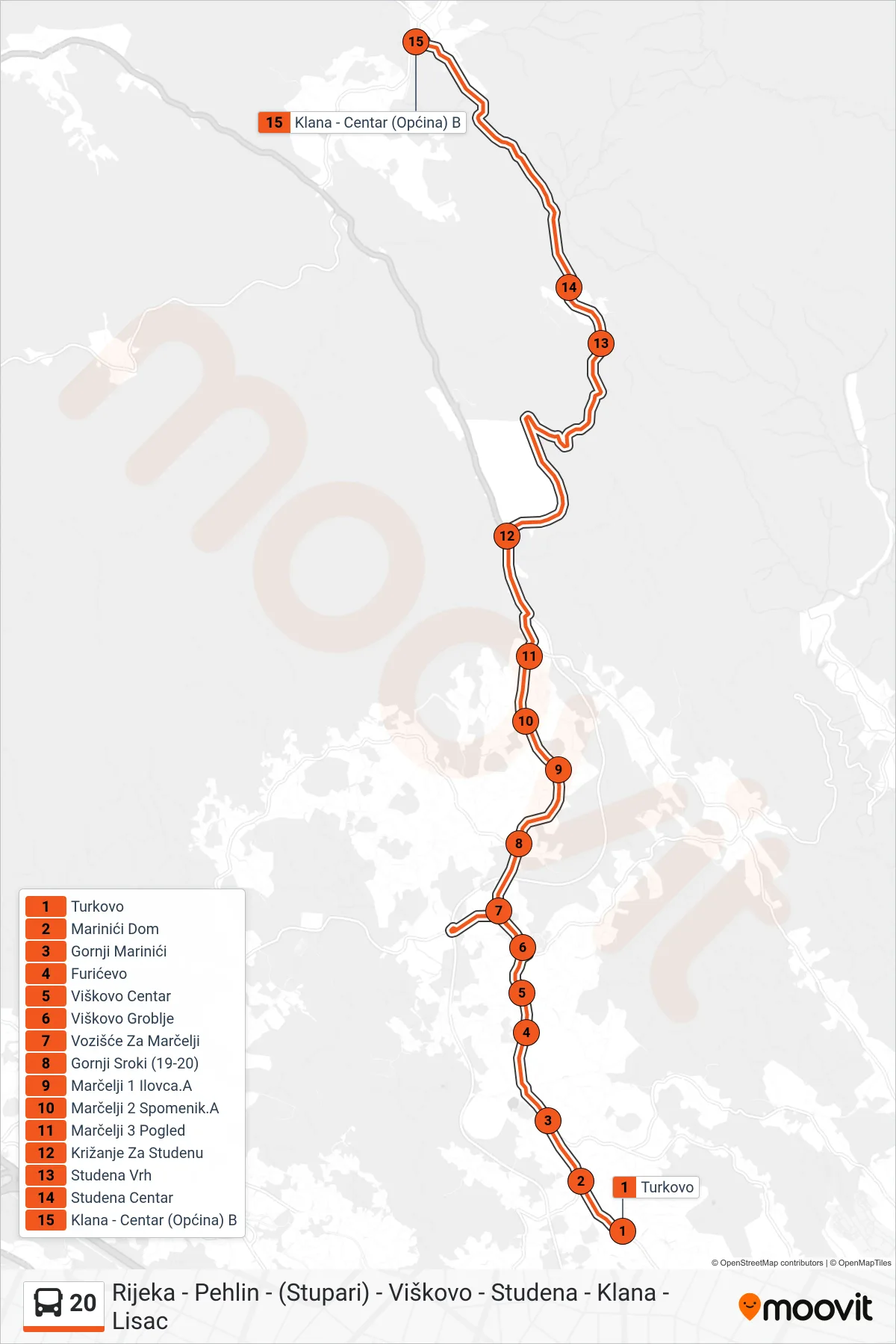 Linija 20 autobus, (Turkovo - Studena - Klana) – ruta i stanice na karti