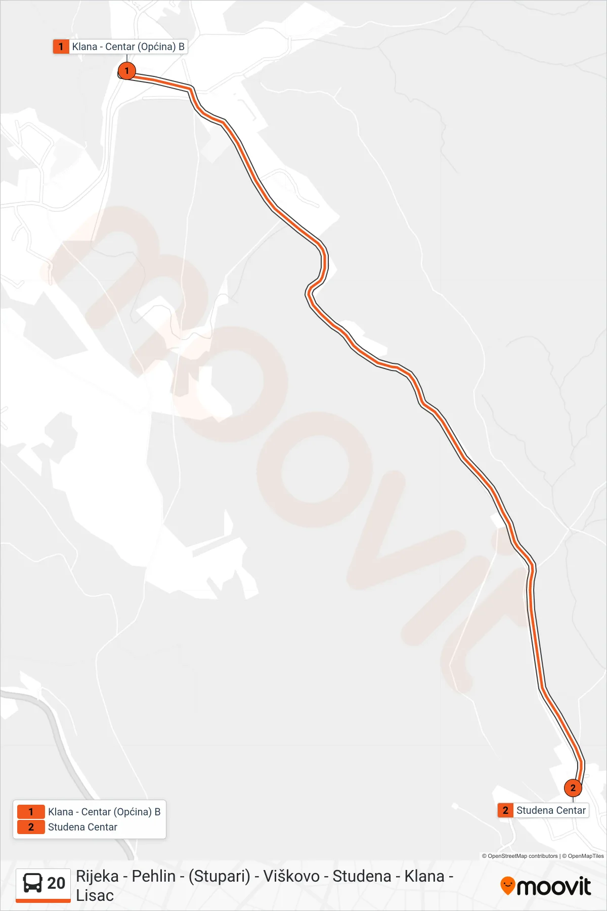 Linija 20 autobus, (Klana - Studena) – ruta i stanice na karti