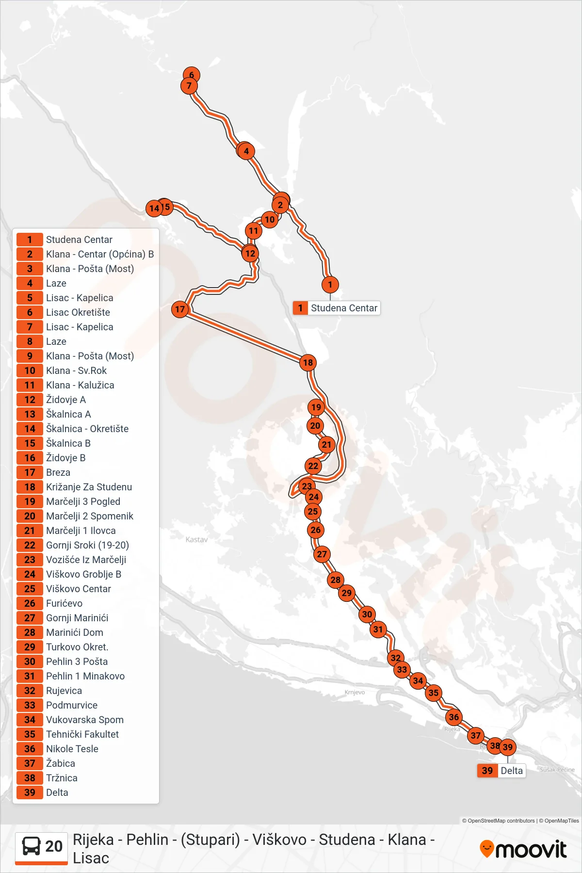 Linija 20 autobus, (Studena - Lisac - Škalnica - Breza - Pehlin - Rijeka) – ruta i stanice na karti