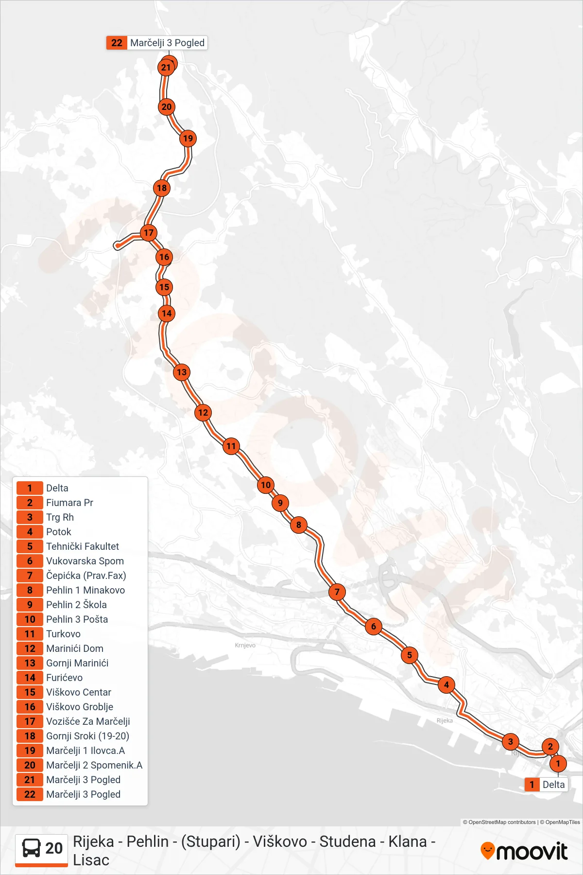 Linija 20 autobus, (Rijeka - Marčelji) – ruta i stanice na karti