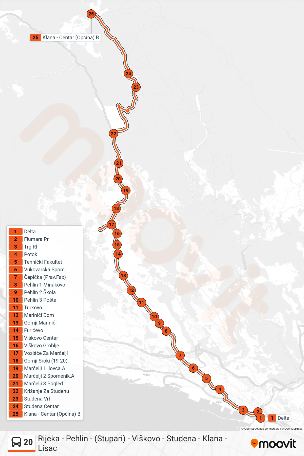 Linija 20 autobus, (Rijeka - Studena - Klana) – ruta i stanice na karti