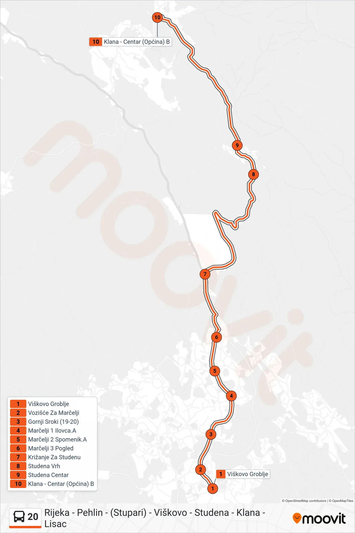 Linija 20 autobus, (Viškovo - Studena - Klana) – ruta i stanice na karti