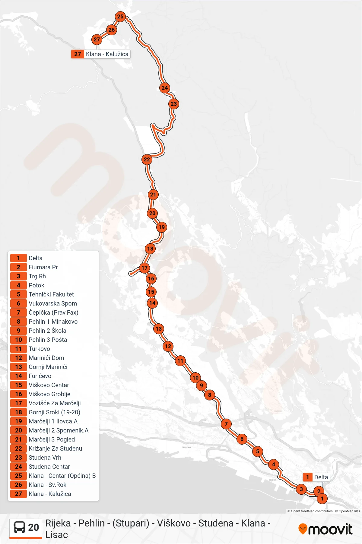 Linija 20 autobus, (Rijeka - Studena - Klana - Kalužica) – ruta i stanice na karti