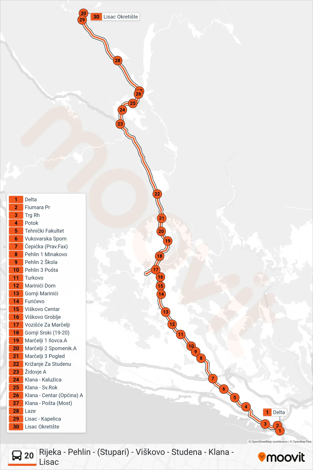 Linija 20 autobus, (Rijeka - Klana - Lisac) – ruta i stanice na karti