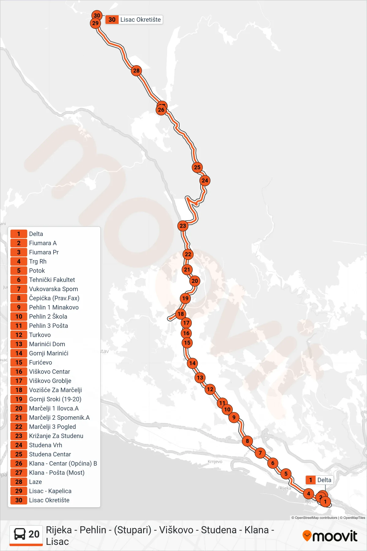 Linija 20 autobus, (Rijeka - Studena - Klana - Lisac) – ruta i stanice na karti