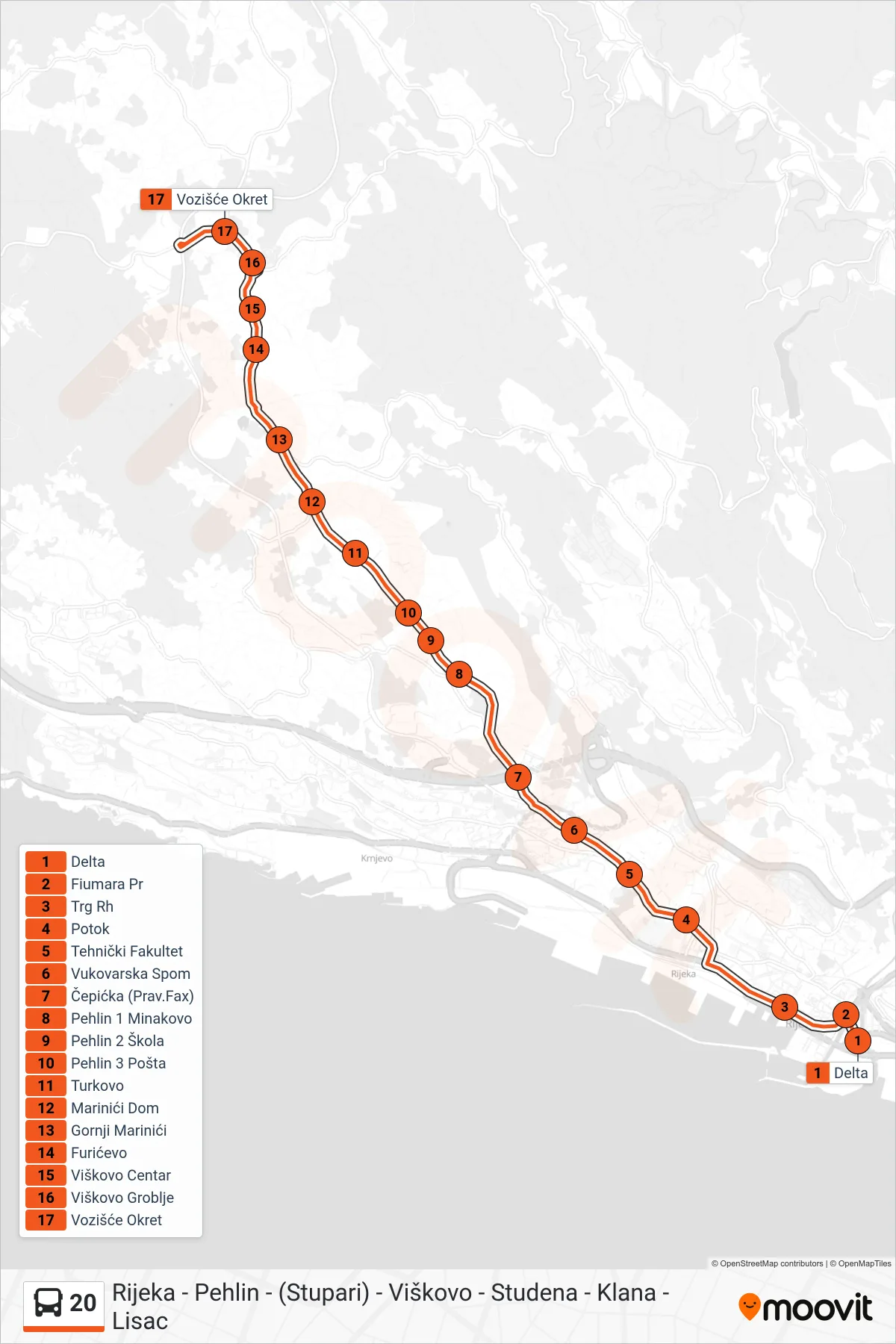 Linija 20 autobus, (Rijeka - Vozišće) – ruta i stanice na karti