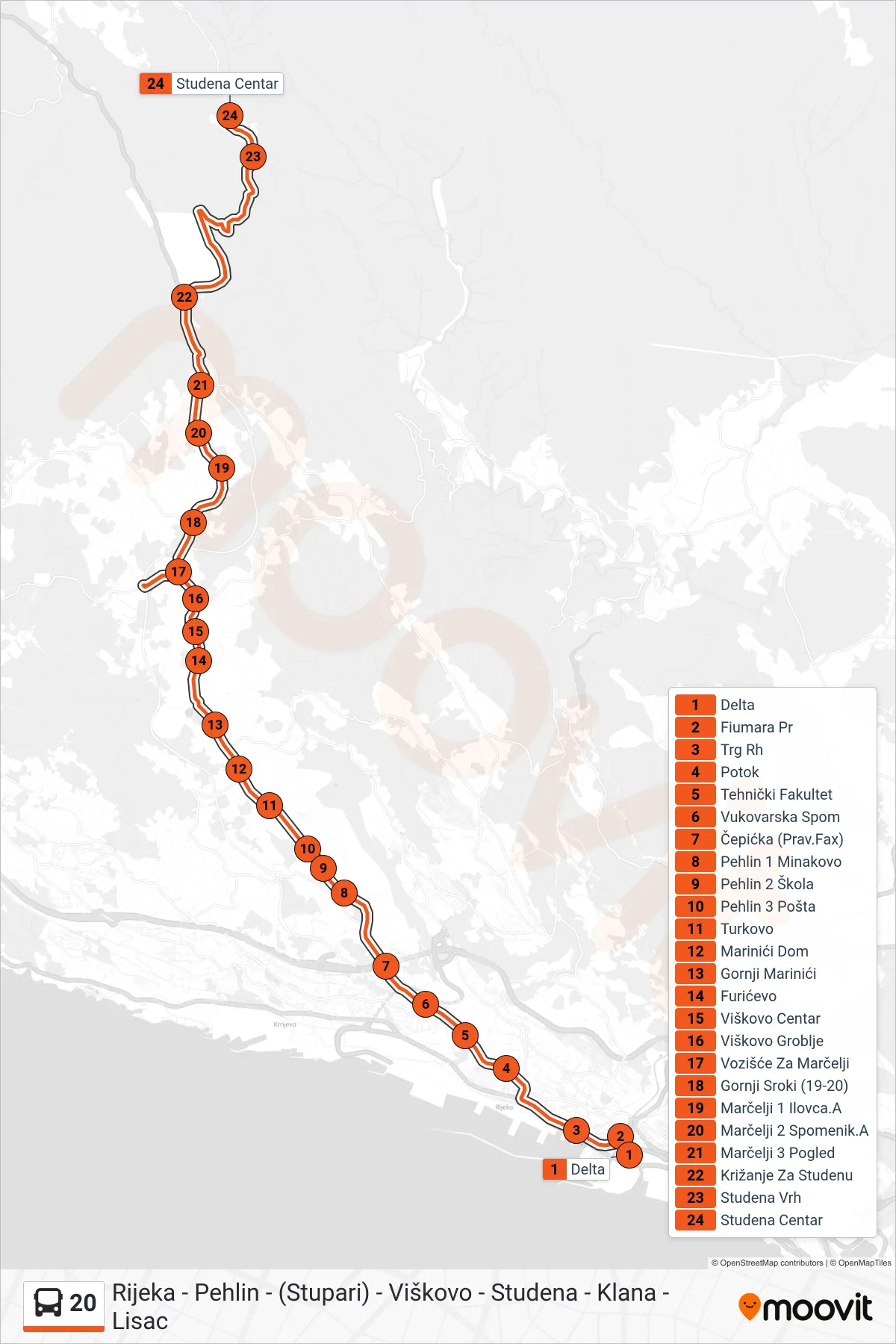 Linija 20 autobus, (Rijeka - Studena) – ruta i stanice na karti