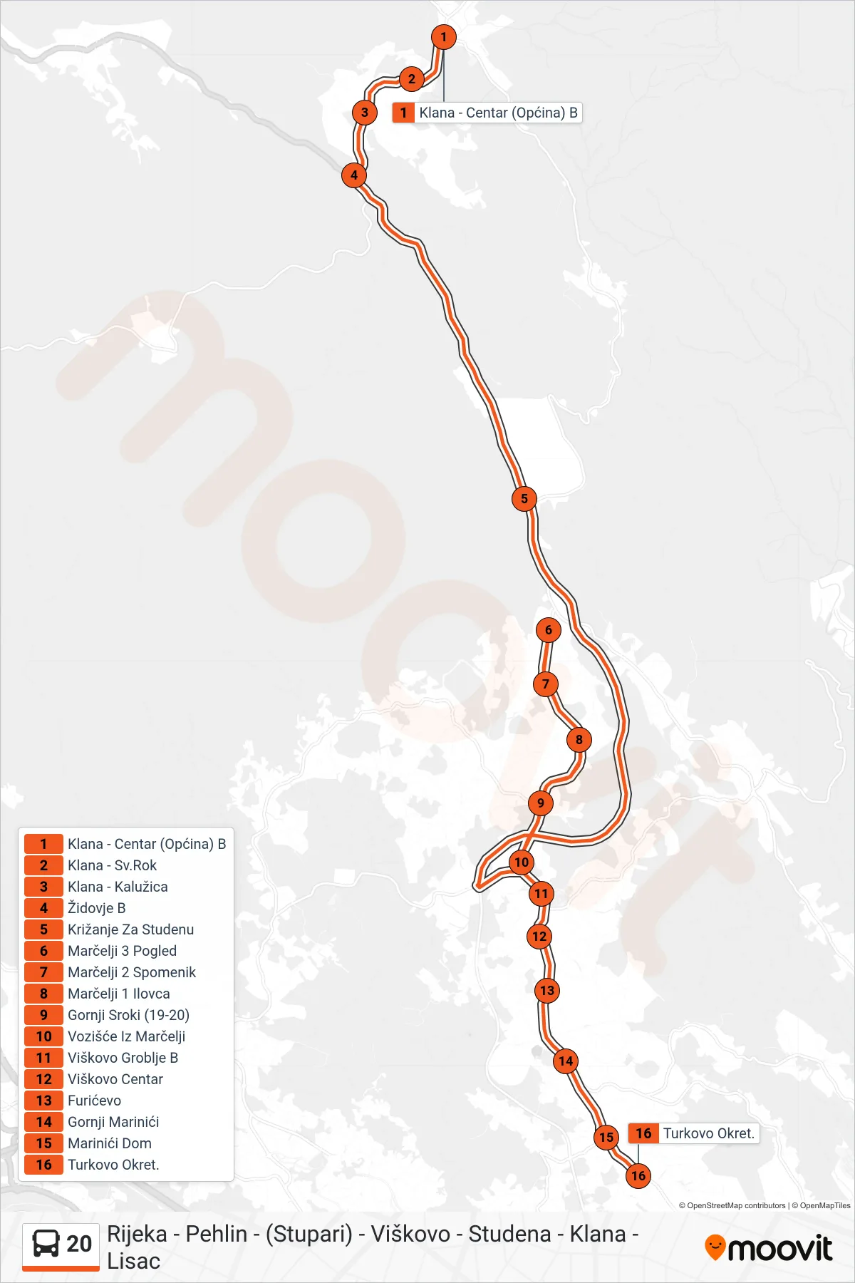 Linija 20 autobus, (Klana - Turkovo) – ruta i stanice na karti