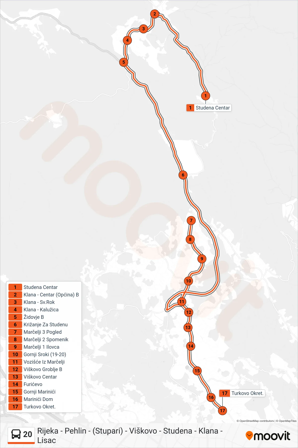 Linija 20 autobus, (Studena - Klana - Turkovo) – ruta i stanice na karti