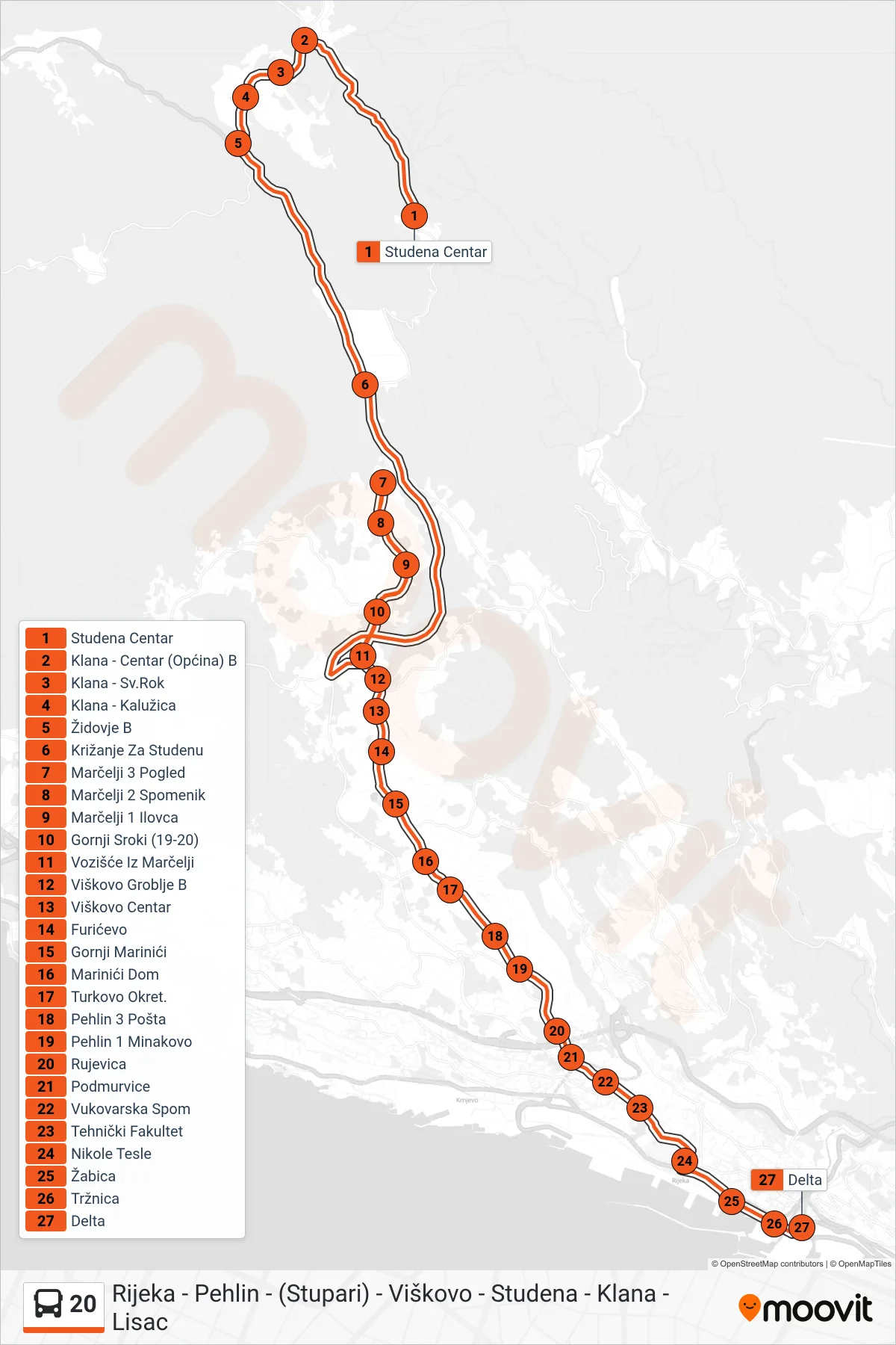 Linija 20 autobus, (Studena - Klana - Rijeka) – ruta i stanice na karti