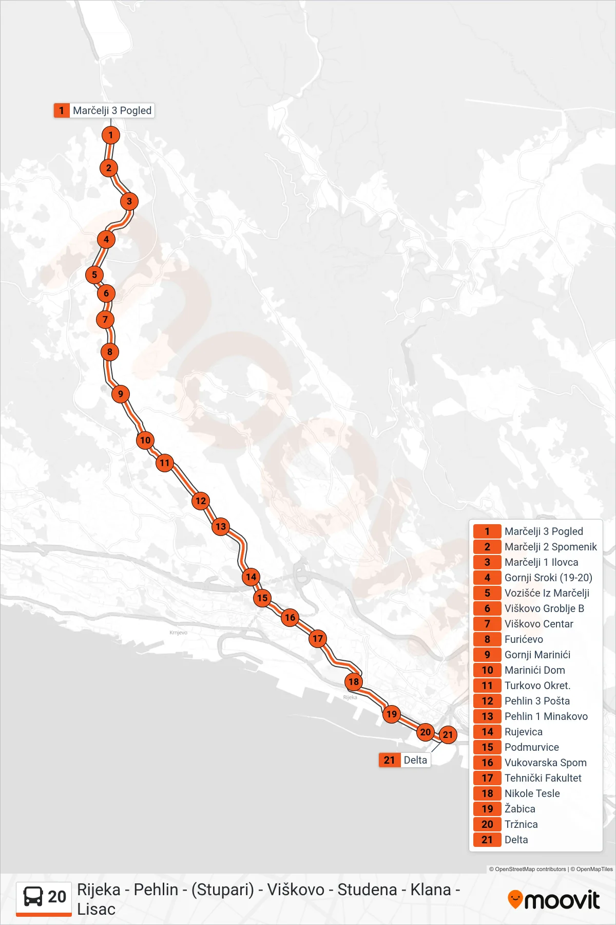 Linija 20 autobus, (Marčelji - Rijeka) – ruta i stanice na karti