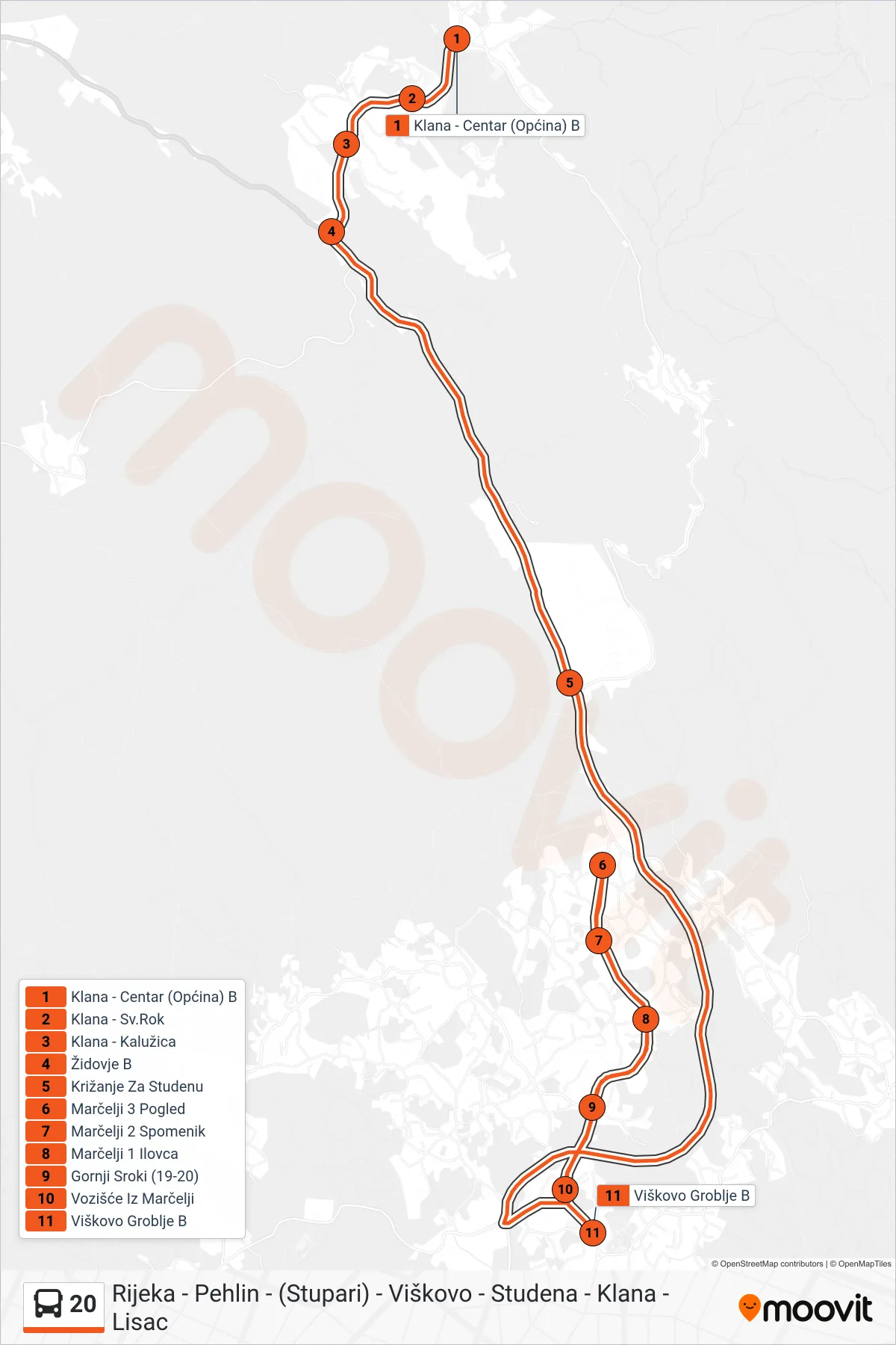 Linija 20 autobus, (Klana - Viškovo) – ruta i stanice na karti