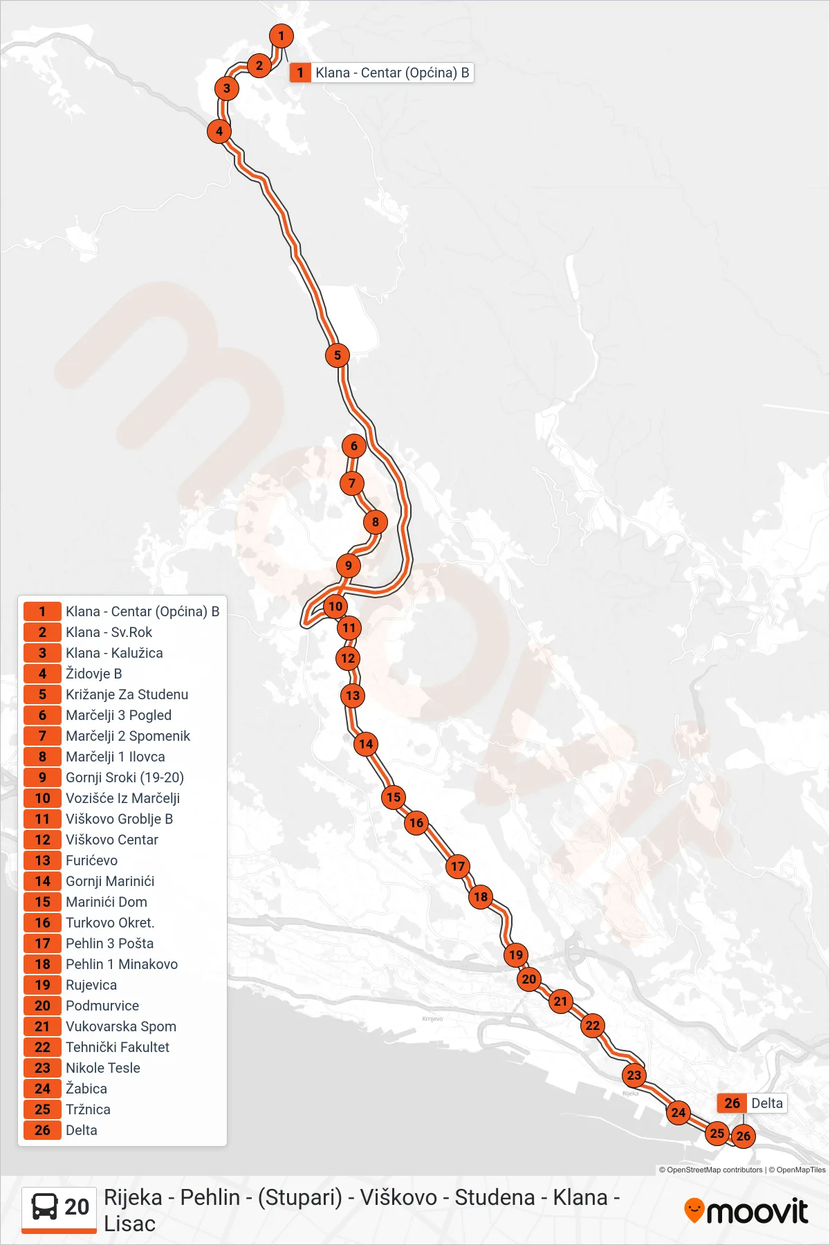 Linija 20 autobus, (Klana - Rijeka) – ruta i stanice na karti