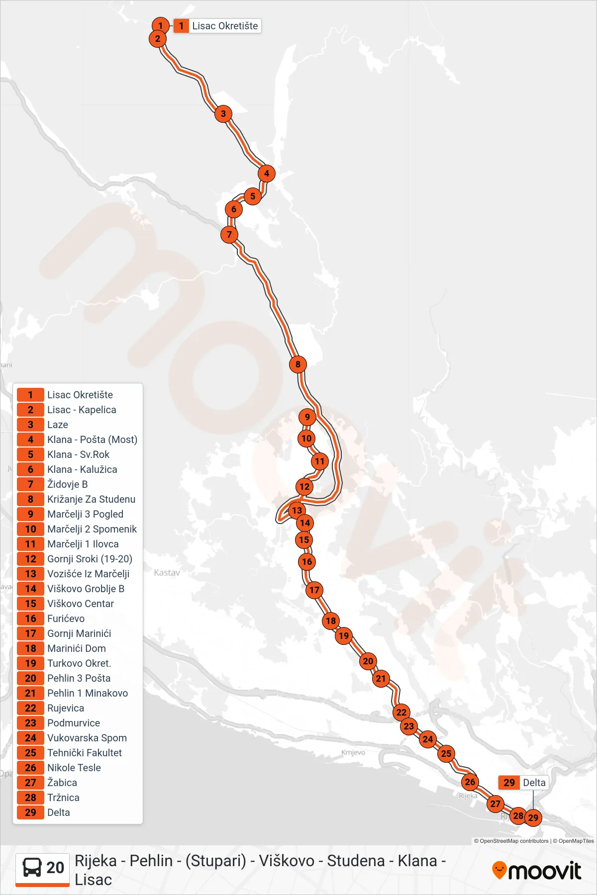 Linija 20 autobus, (Lisac - Klana - Rijeka) – ruta i stanice na karti