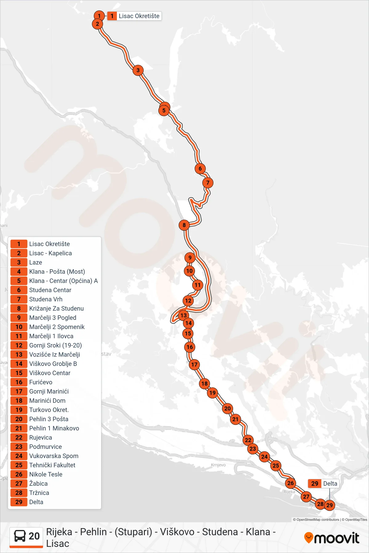 Linija 20 autobus, (Lisac - Studena - Rijeka) – ruta i stanice na karti