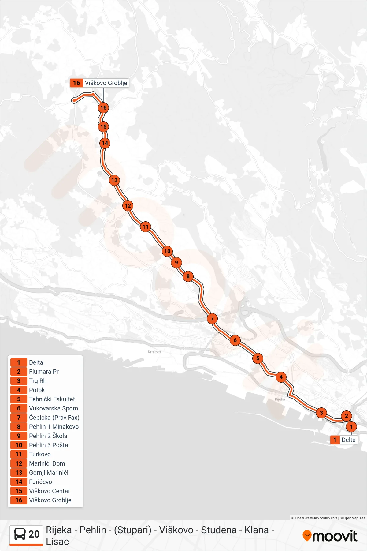 Linija 20 autobus, (Rijeka - Viškovo Groblje) – ruta i stanice na karti