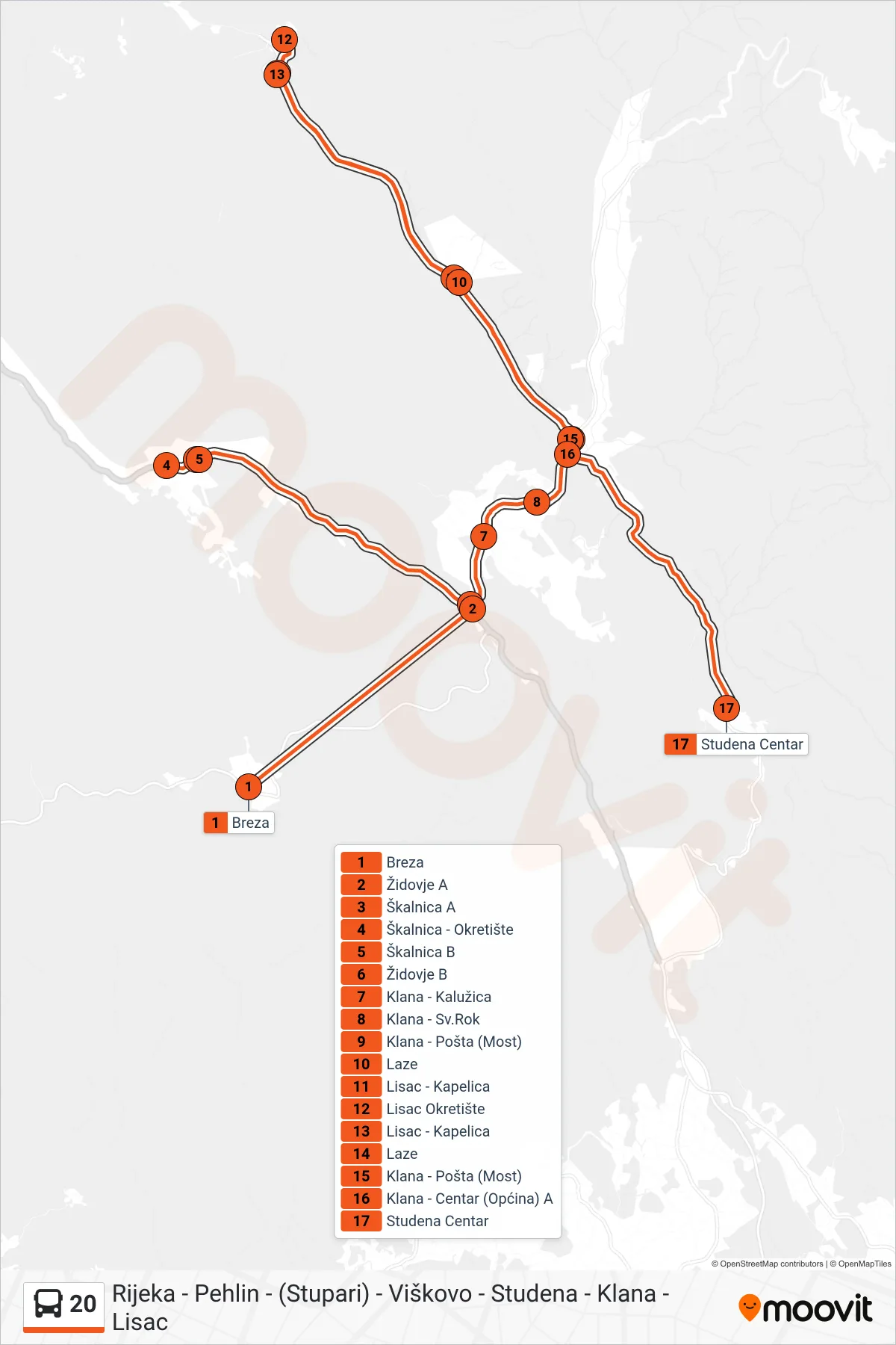 Linija 20 autobus, (Breza - Škalnica - Lisac - Studena) – ruta i stanice na karti