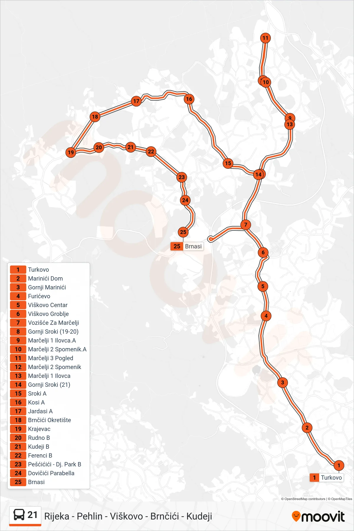 Linija 21 autobus, (Turkovo - Marčelji - Brnčići - Brnasi) – ruta i stanice na karti
