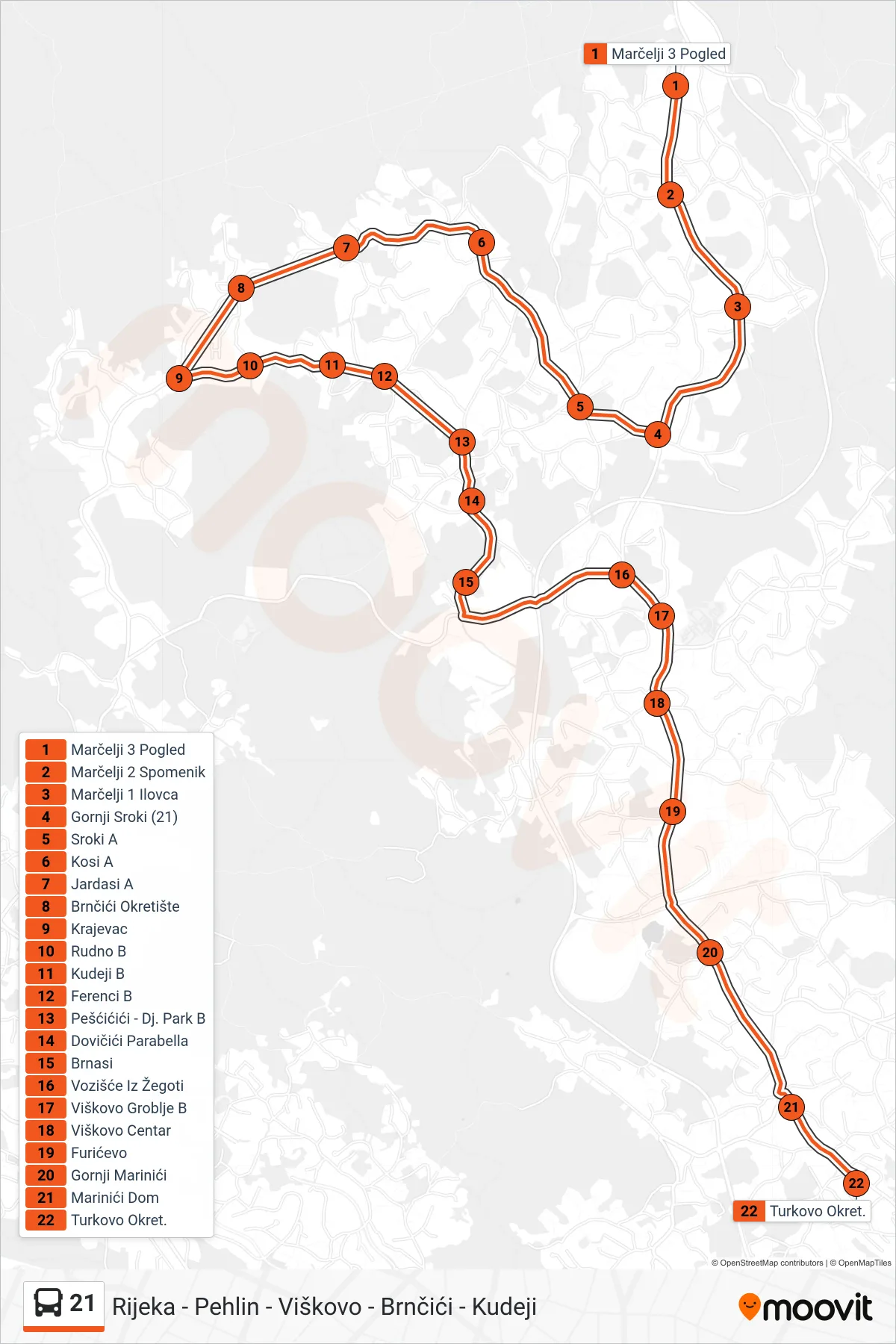 Linija 21 autobus, (Marčelji - Brnčići - Kudeji - Turkovo) – ruta i stanice na karti