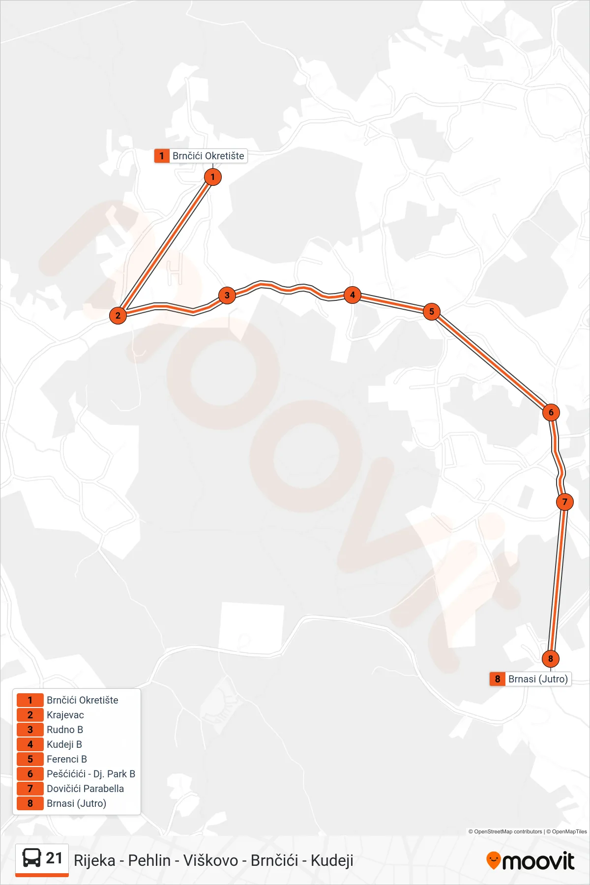 21 bus Line (Brnčići - Kudeji - Brnasi) route and stops on a map