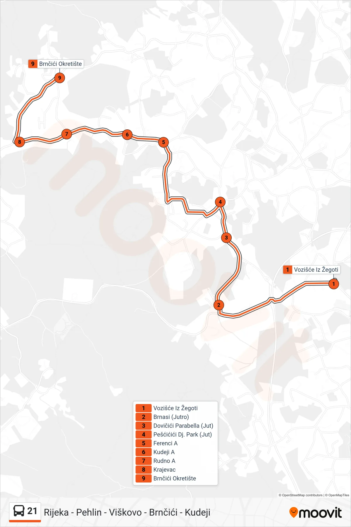 Linija 21 autobus, (Viškovo - Kudeji - Brnčići) – ruta i stanice na karti