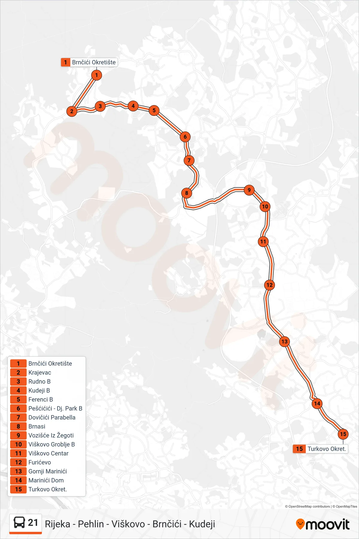 21 bus Line (Brnčići - Kudeji - Turkovo) route and stops on a map