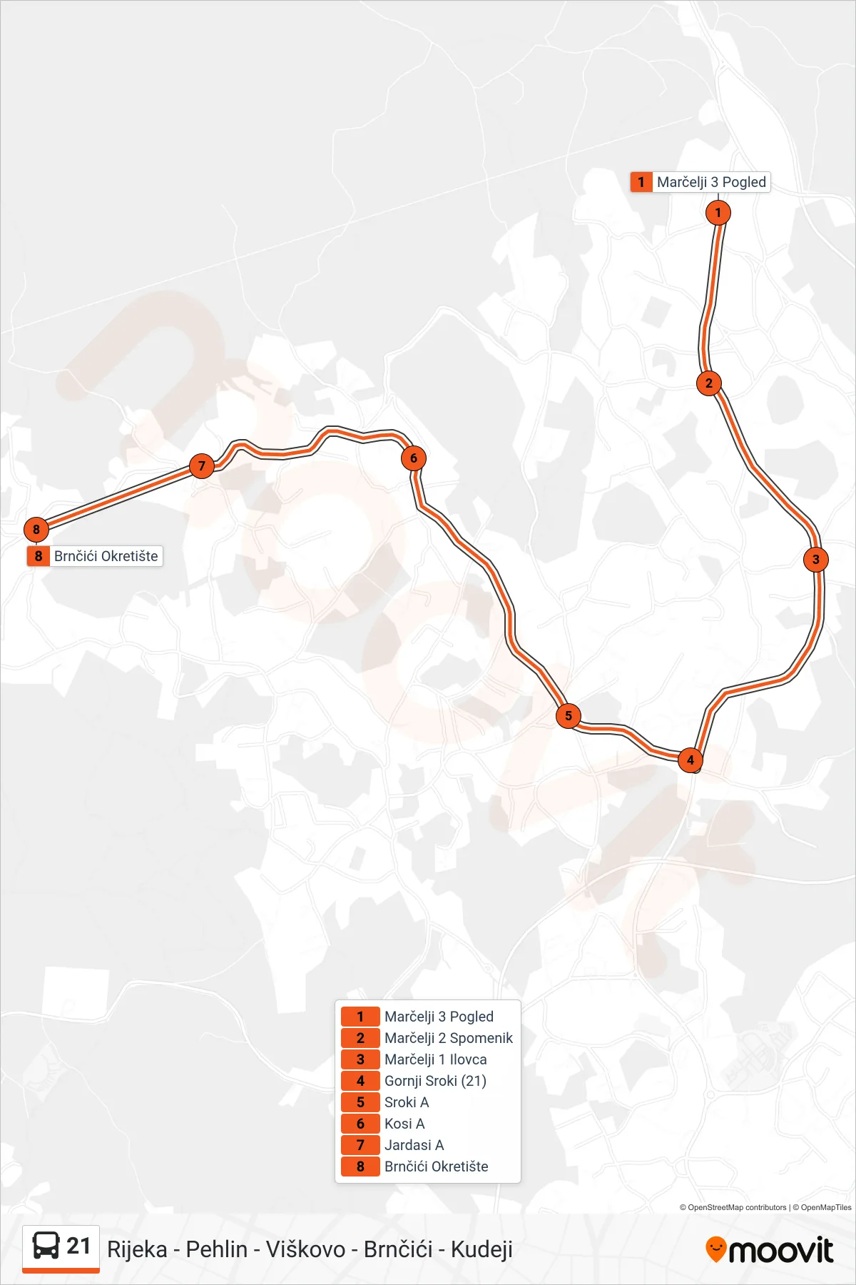 Linija 21 autobus, (Marčelji Pogled - Brnčići) – ruta i stanice na karti