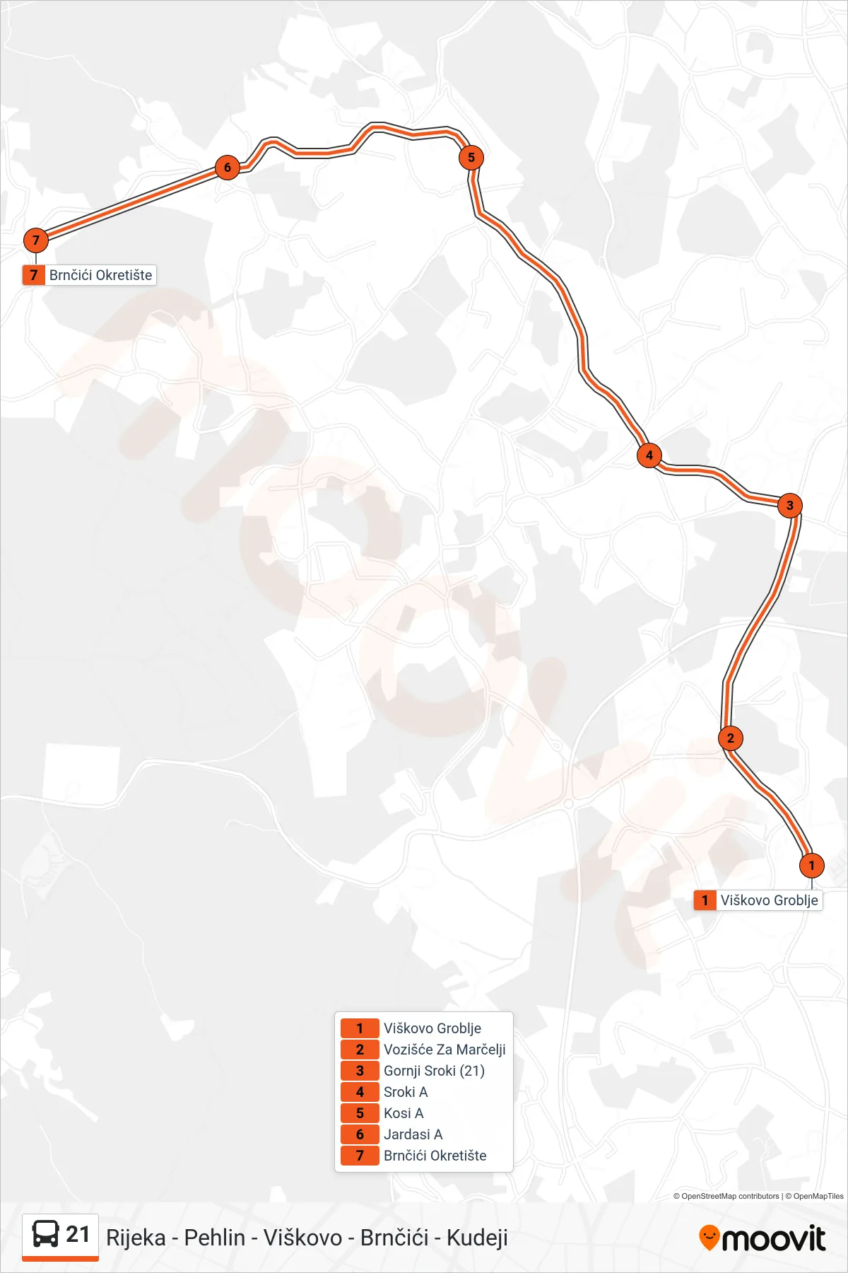 Linija 21 autobus, (Viškovo - Sroki - Brnčići) – ruta i stanice na karti