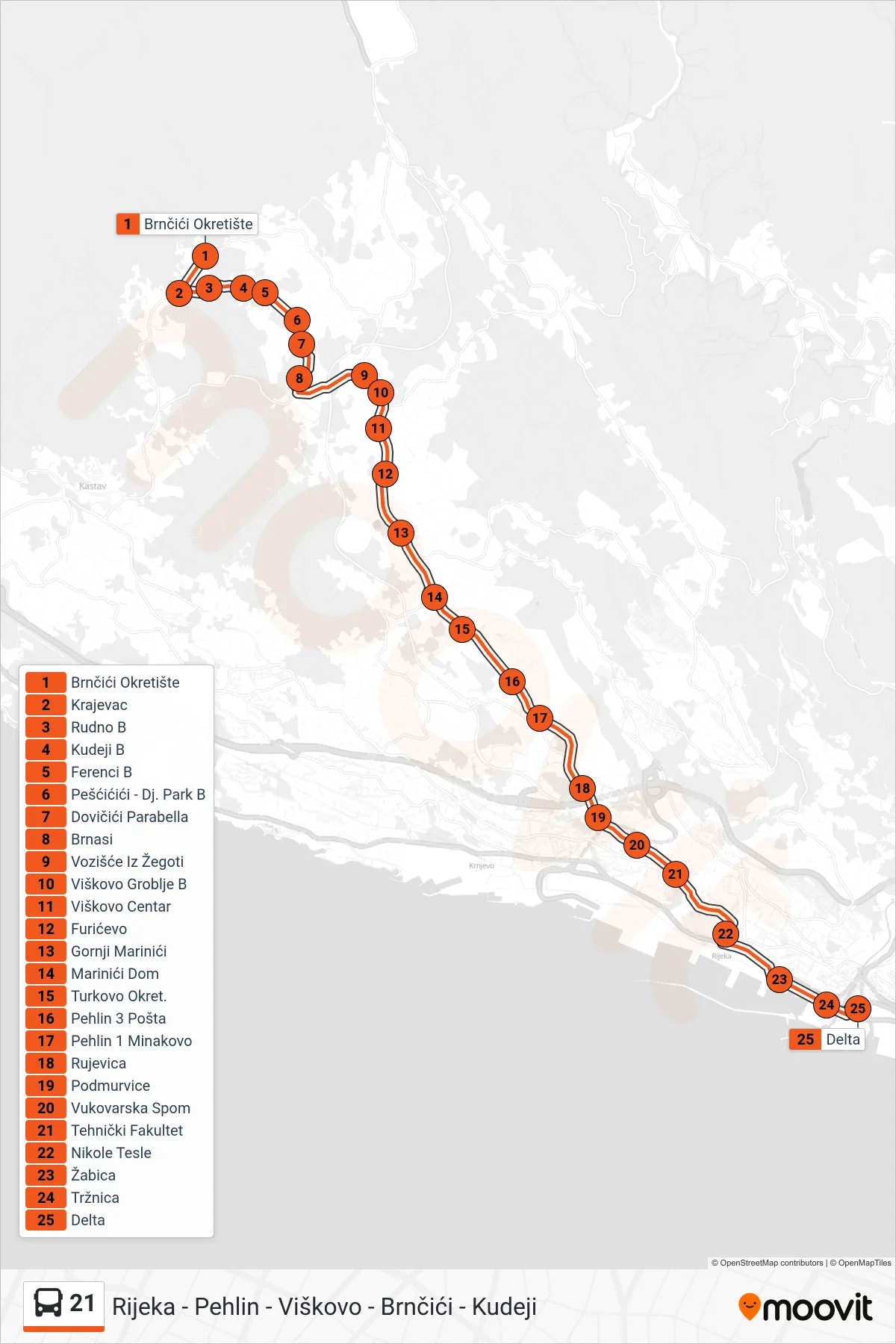 Linija 21 autobus, (Brnčići - Kudeji - Rijeka) – ruta i stanice na karti