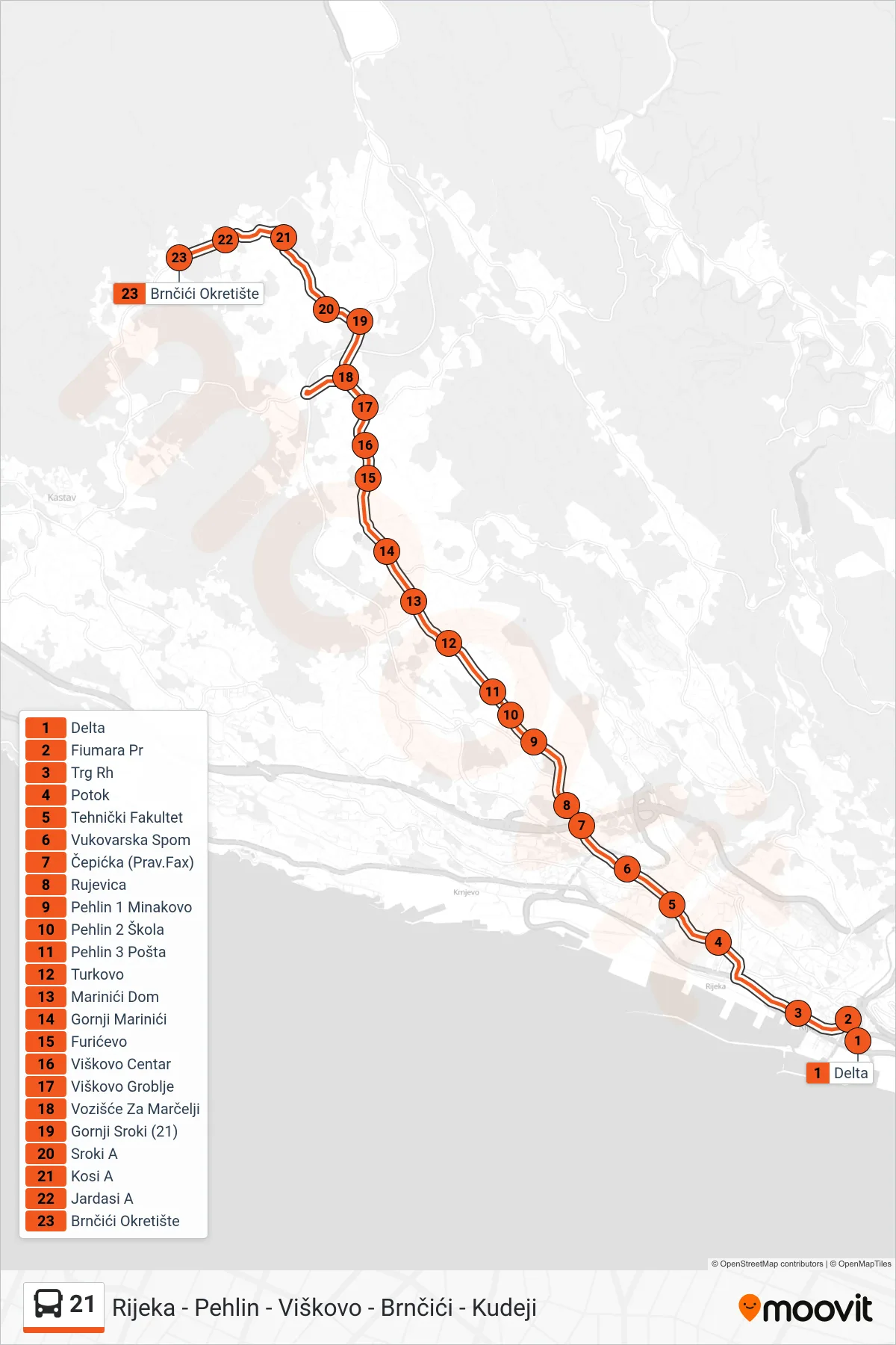 Linija 21 autobus, (Rijeka - Brnčići - Kudeji) – ruta i stanice na karti
