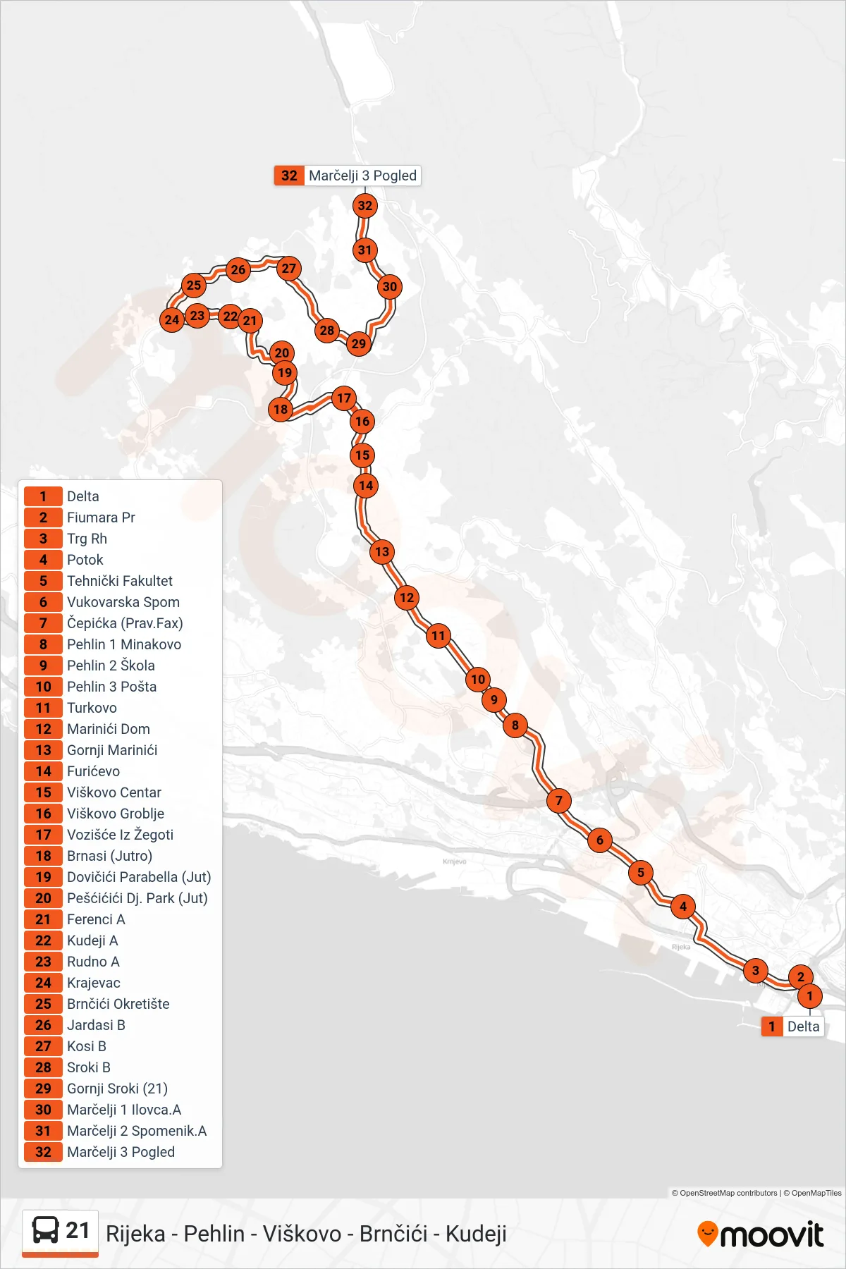 Linija 21 autobus, (Rijeka - Kudeji - Brnčići - Marčelji) – ruta i stanice na karti