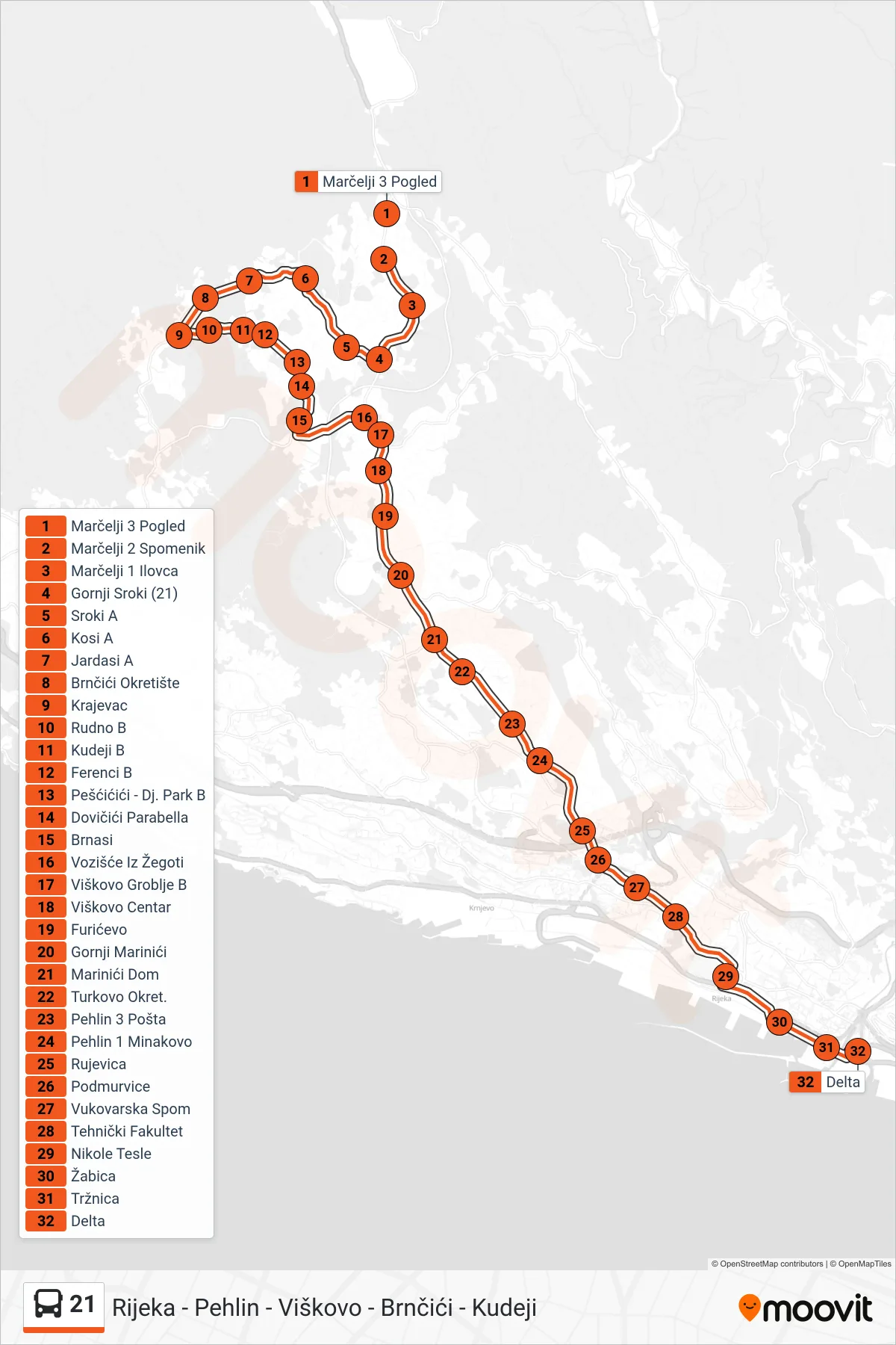 Linija 21 autobus, (Marčelji - Brnčići - Kudeji - Rijeka) – ruta i stanice na karti