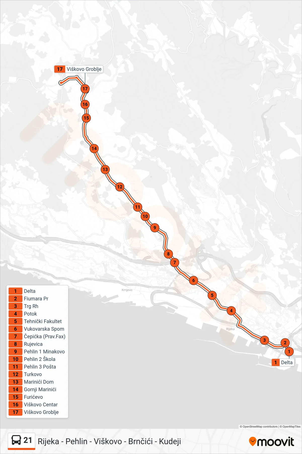 21 bus Line (Rijeka - Viškovo Groblje) route and stops on a map