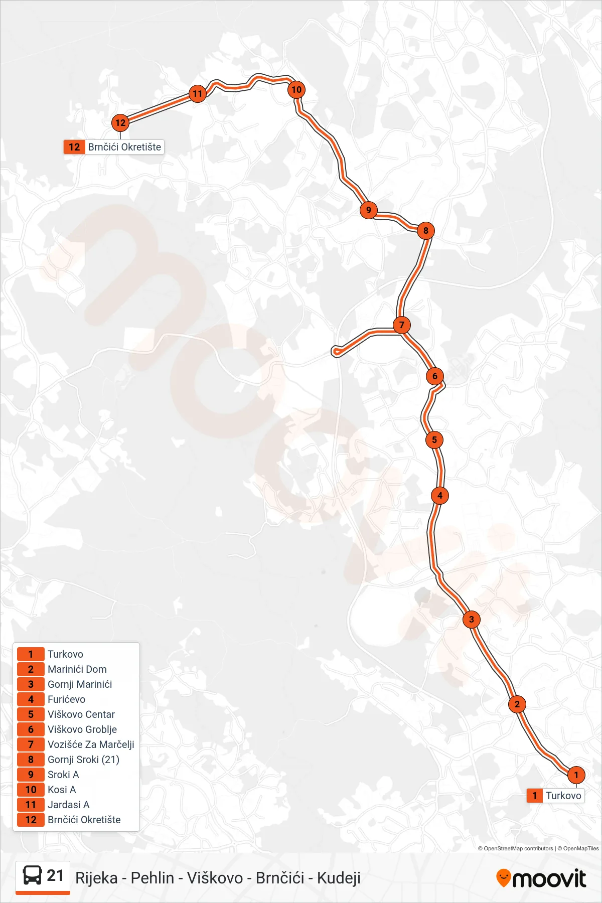 Linija 21 autobus, (Turkovo - Brnčići - Kudeji) – ruta i stanice na karti